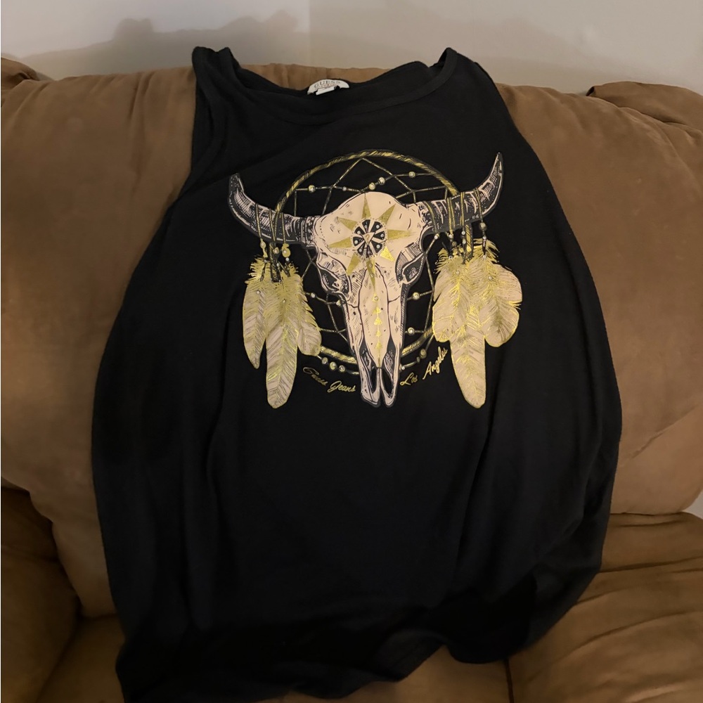 Guess Black Tank Top with Yellow Skull Design
